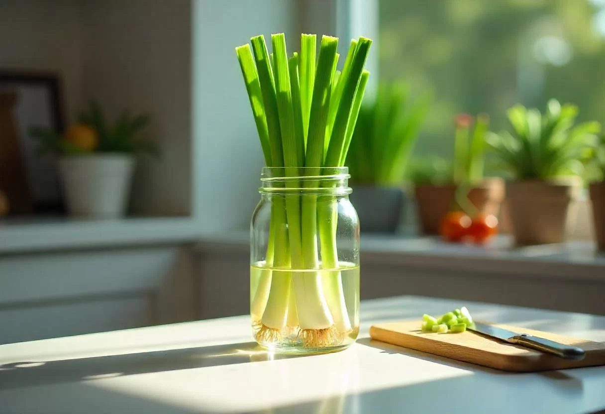 Plante cebolinha na água e tenha tempero fresco sempre à mão