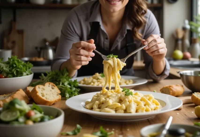 Macarrão Com Molho Branco E Acompamhamentos