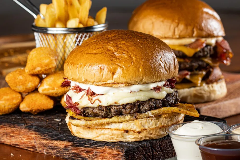 Deliciosos hambúrgueres gourmet com queijo, batatas fritas e molhos em uma tábua rústica.